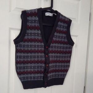 Vintage Wool Sweater Vest In Dark Grey with Geometric Print